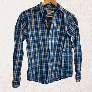 Cinch Blue and Orange Button Down Shirt Lightweight Plaid